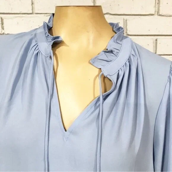 J.Crew Women’s Drapey Blue ruffle tie-neck top - Size Medium - Picture 5 of 14